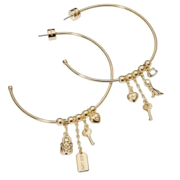 NWT Coach Gold Tone Hoop Earrings with Charms - Picture 1 of 3